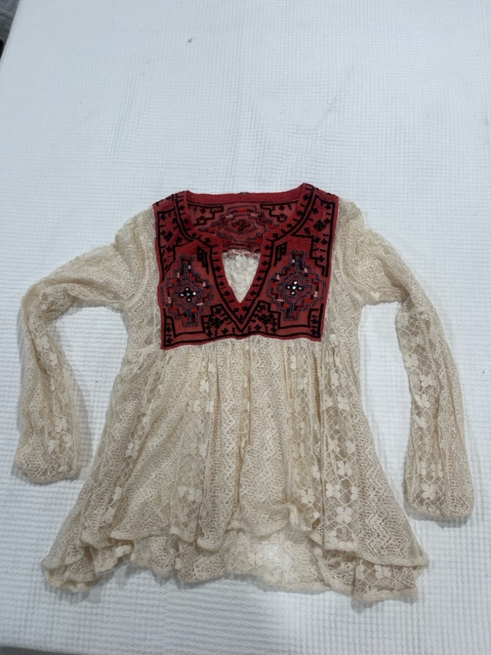 Free People Casablanca Embroidered Lace Boho Tunic Top Festival Bell Sleeve S - Picture 10 of 11